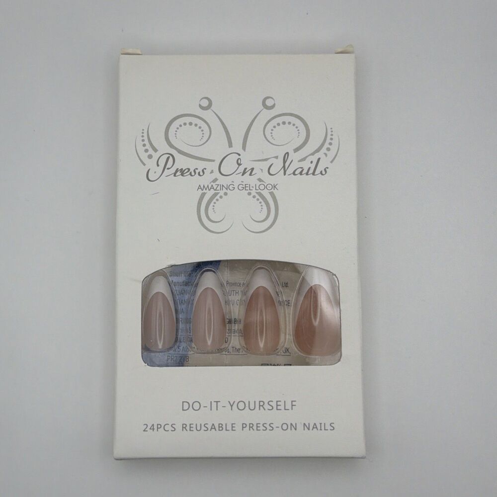 24PC Press On Nails Nude Brown French Tip Almond Reusable Fake Nails Gel Look